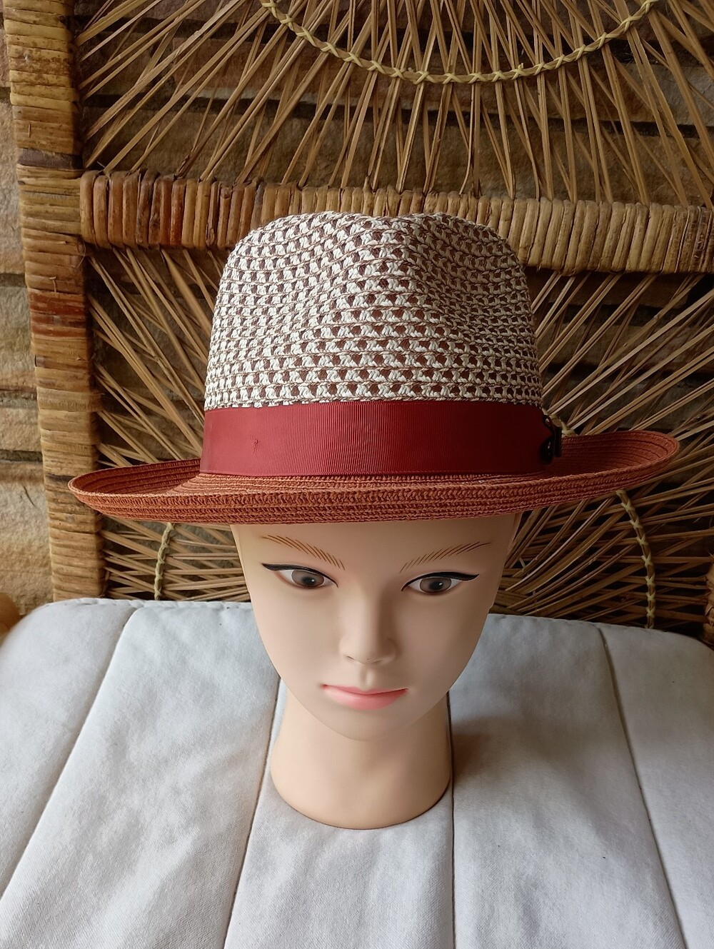 Men's Two-Tone Woven Fedora Hat with Red Band_Large